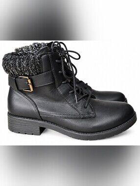 Unionbay Women’s Black Lace-Up Ankle Boots Knit Cuff Buckle Size 8.5